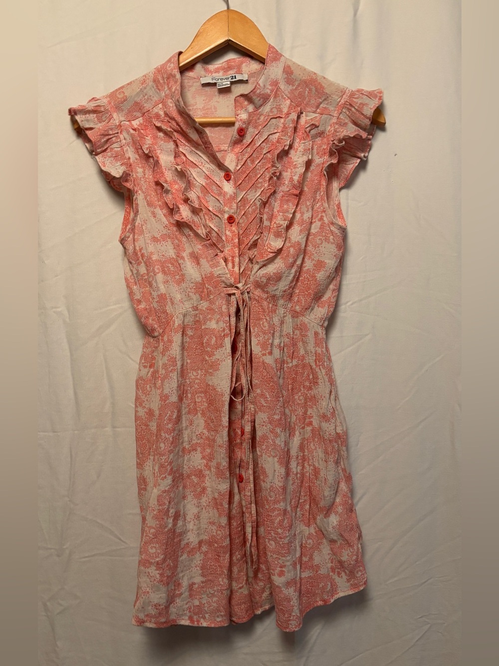 Forever 21 Coral and White Ruffle Front Button tie dress